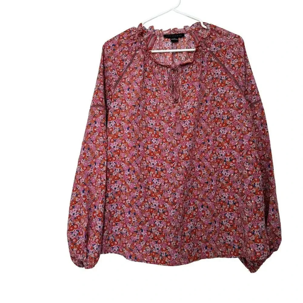 Sanctuary Women Tunic Blouse Top M Pink 100% Polyester Floral Long Sleeves